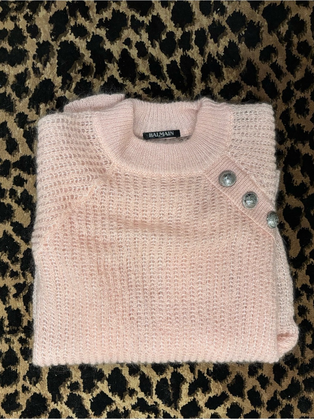 Balmain Light Pink Mohair-Blend Crewneck Sweater with Decorative Buttons
